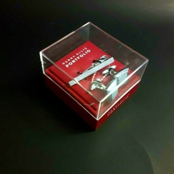 New Perry Ellis Men's Set Silver Cuff-links & Clip - Picture 2 of 8